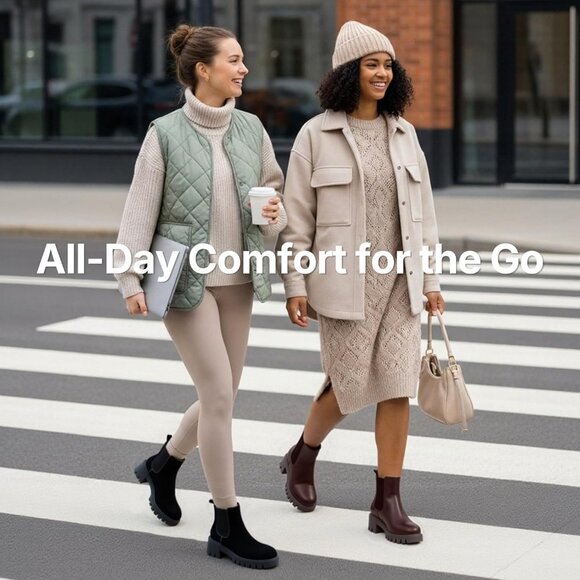 Vepose Women's Blacknubuck Faux Leather Lug Sole Elastic Slip on Ankle Booties - Picture 2 of 9